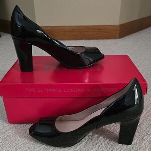 Taryn Rose Black Patent Peep Toe Heels